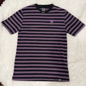 Broken-promises-co Men's Purple and Black Striped T-Shirt Size Medium